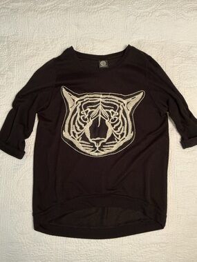 bobeau Black Knit Top With Embroidered Tiger Head, Relaxed XS
